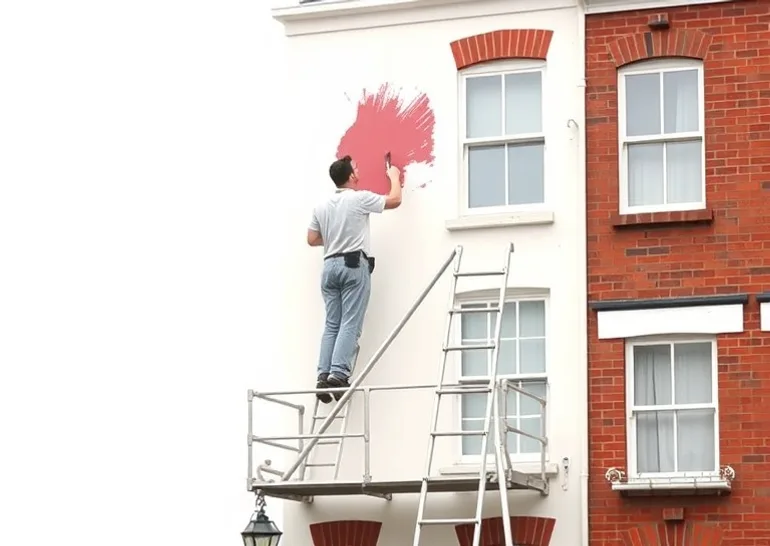 Peintre sur échafaudage traitant la façade d'une maison