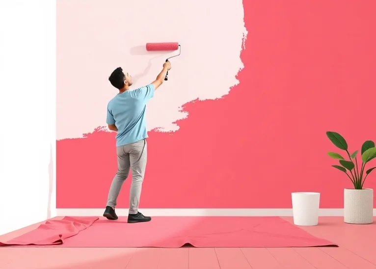 Peintre appliquant la peinture au rouleau sur un mur de salon